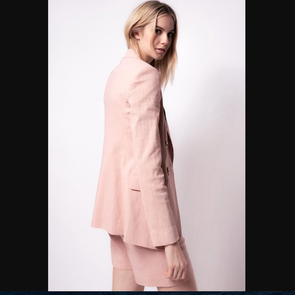 NEW Pinko Linen Double Breasted Pink Pinstripe Blazer Size 2 - Picture 3 of 12